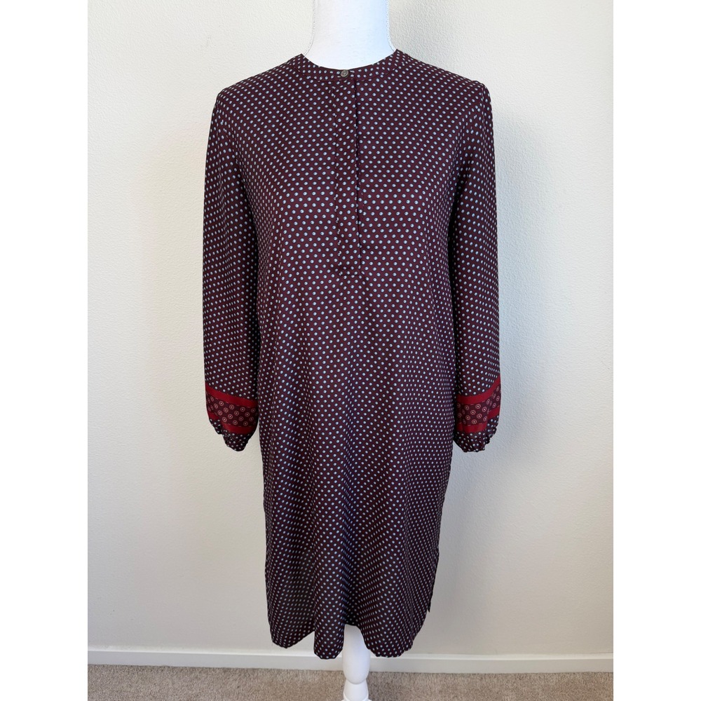 LOFT Academia XS Burgundy Geometric Print Long Sleeve Shift Dress Boho Teacher